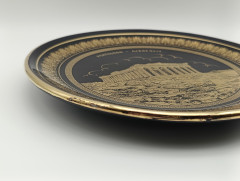 Тарелка декоративная винтажная "Акрополь в Парфеноне" позолоченный (24 К), в черно-золотистых тонах, керамика, 23 см, Греция, 1970-80гг.