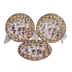 Тарелки сервировочные винтажные в традиционном китайском стиле, в красно-желтых тонах, фарфор, 3 шт., 16.5 см, Китай, 1970-80гг.