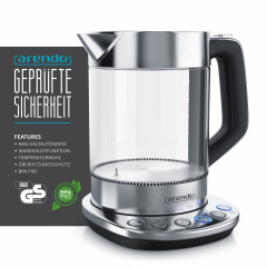 Arendo Arendo Wasserkocher, 1,5 l, 2200 W, Edelstahl  Glas mit Basisstation, Temperatureinstellung 70° 100° C  Чайник Arendo, 1,5 л, 2200 Вт, стекло нержавеющая сталь, с подставкой, регулировка температуры 70° 100° C