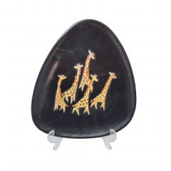 Тарелка декоративная винтажная Karlsruhe, черная керамика с ярким рисунком &quot;Жирафы&quot;, ручная работа, 27,5 x 24 x 3 см, Германия, 1960-70гг.