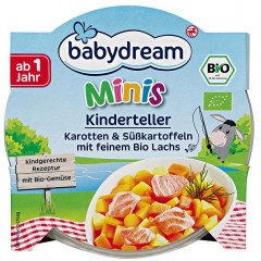 babydream Minis Bio Menu Kinderteller &quot;Karotten и Susskartoffeln mit feinem Bio Lachs&quot; 250 г