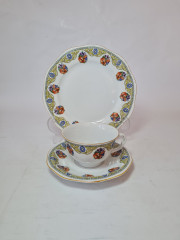 Чайное трио винтажное MCP, белый фарфор с ярким цветочным декором и золотым ободком, 11 x 5,5 см / 15 см / 19,5 см, Чехословакия, 1960-70гг.