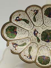 Фруктовница винтажная с изображениями павлинов, латунь/эмаль, резьба, 18.5 х 12 см, Индия, 1970-80гг.