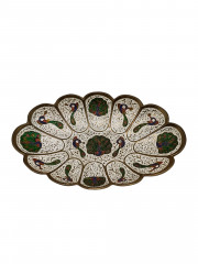 Фруктовница винтажная с изображениями павлинов, латунь/эмаль, резьба, 18.5 х 12 см, Индия, 1970-80гг.