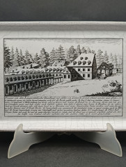 Поднос винтажный Karlsruhe &quot;Проспект Лангетштайнбахера в 1725 году&quot;, майолика, кракелюр / чб декор, керамика, 30 х 19 см, Германия, 1970-80гг.