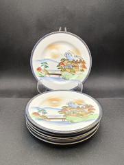 Набор винтажных тарелок, в сине-белых тонах, с традиционным японским сюжетом, 6 шт., фарфор, 15.5 см, Япония, 1970-80гг.