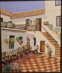 Картина винтажная Marina Carmen Medina Balleszeros Im Stil "Дом с цветочным декором", в деревянной раме, 70 x 60,5 см, Германия, 1960-1970гг.