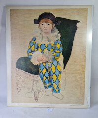 Картина винтажная "Поль в костюме Арлекина (1924)" Пикассо, типография Зауэрлин и Пфайффер (Швейцария), 60 x 50 см, Германия, 1960-70гг.